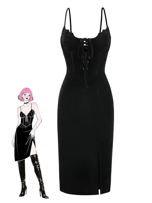[Pre-Sale] Black 1960s Bat Neckline Velvet Slit Dress