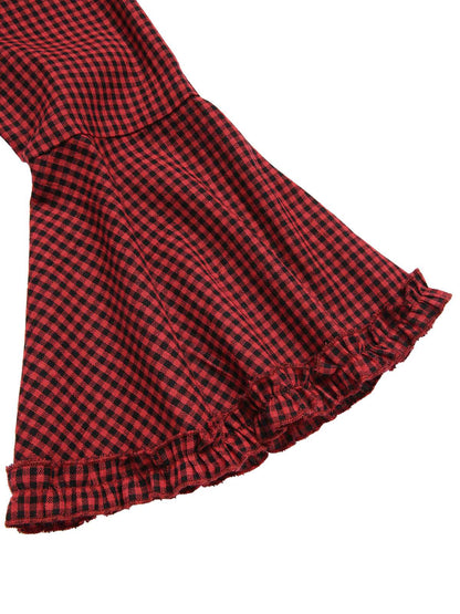 [Pre-Sale] Red 1960s Gothic Plaid Flared Sleeve Lace-Up Dress