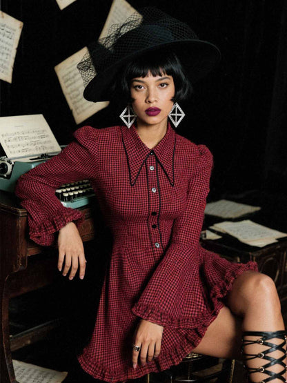 [Pre-Sale] Red 1960s Gothic Plaid Flared Sleeve Lace-Up Dress