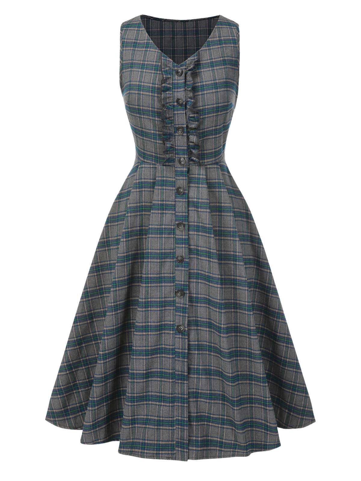 [Pre-Sale] 2PCS Gray 1950s Plaid Ruffled Dress & Cotton Blouse