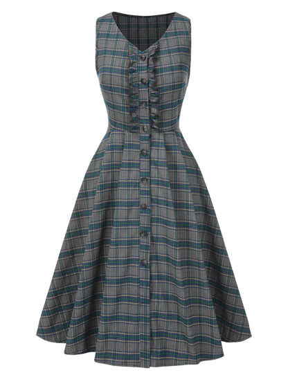 [Pre-Sale] 2PCS Gray 1950s Plaid Ruffled Dress & Cotton Blouse