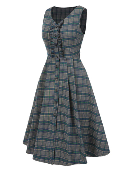 [Pre-Sale] Gray 1950s Plaid V-Neck Sleeveless Ruffled Dress
