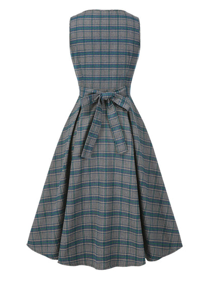 [Pre-Sale] 2PCS Gray 1950s Plaid Ruffled Dress & Cotton Blouse