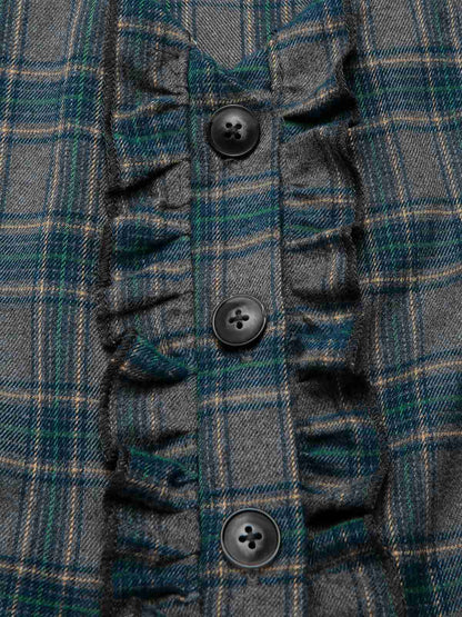[Pre-Sale] 2PCS Gray 1950s Plaid Ruffled Dress & Cotton Blouse