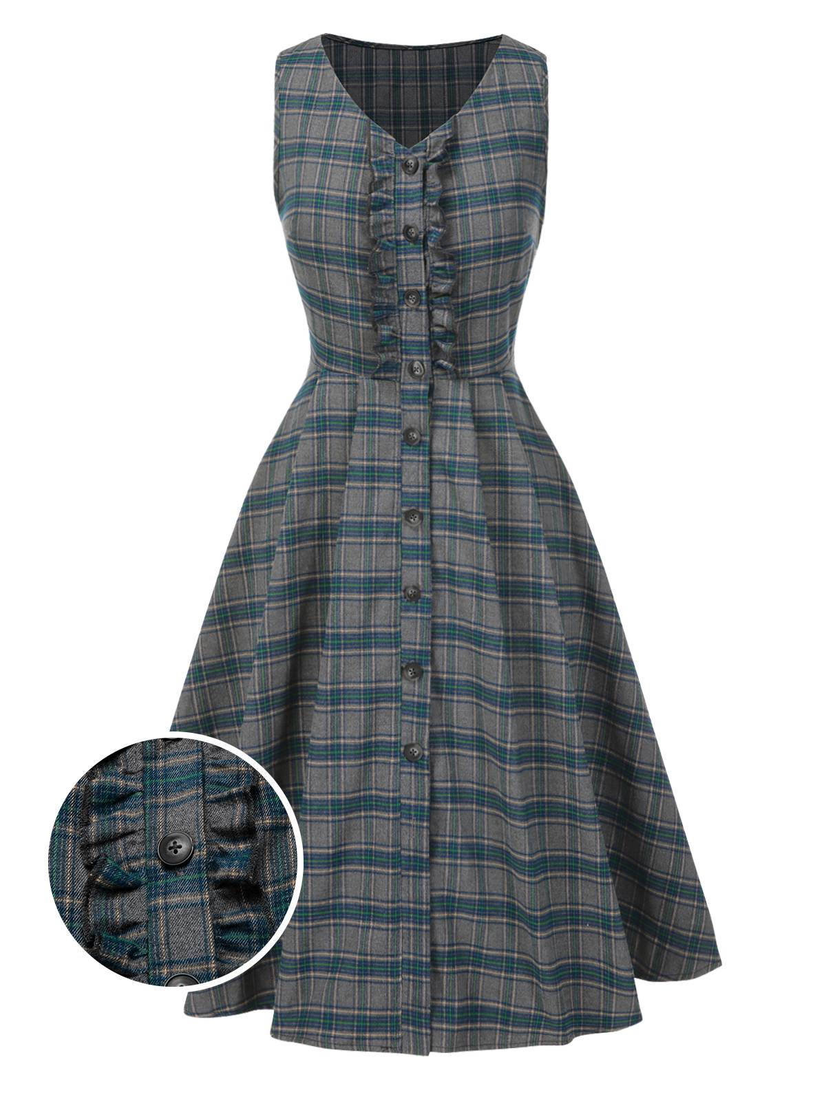 [Pre-Sale] Gray 1950s Plaid V-Neck Sleeveless Ruffled Dress