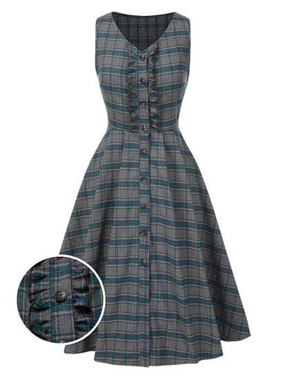[Pre-Sale] Gray 1950s Plaid V-Neck Sleeveless Ruffled Dress