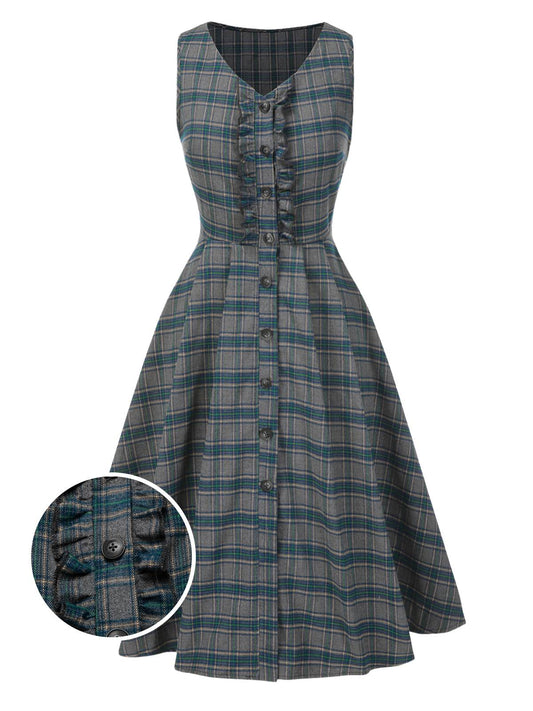 [Pre-Sale] Gray 1950s Plaid V-Neck Sleeveless Ruffled Dress