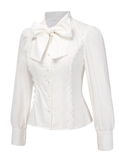 [Pre-Sale] White 1950s Solid Cotton Tie-Neck Bow Blouse