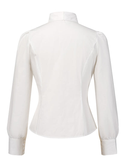 [Pre-Sale] White 1950s Solid Cotton Tie-Neck Bow Blouse
