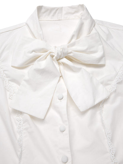 [Pre-Sale] White 1950s Solid Cotton Tie-Neck Bow Blouse