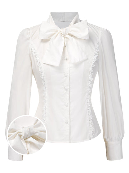 [Pre-Sale] White 1950s Solid Cotton Tie-Neck Bow Blouse