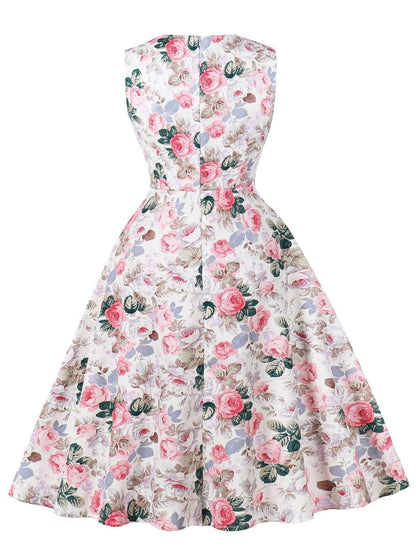 Pink 1950s Floral Bow Sweetheart Neck Swing Dress