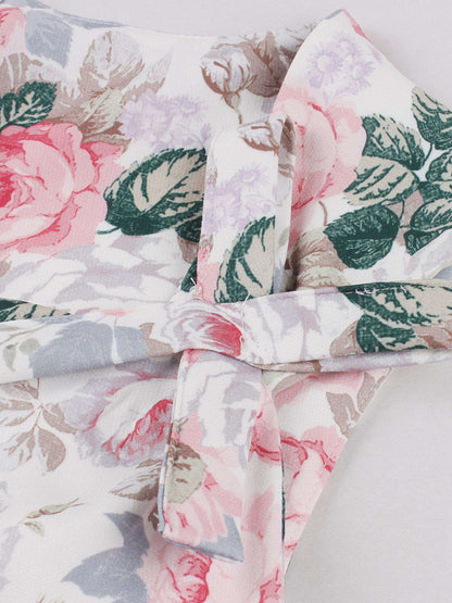 Pink 1950s Floral Bow Sweetheart Neck Swing Dress