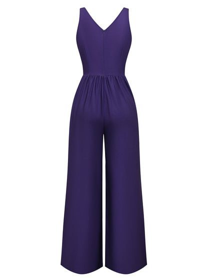 Deep Purple 1970s V-Neck Floral Boho Jumpsuit
