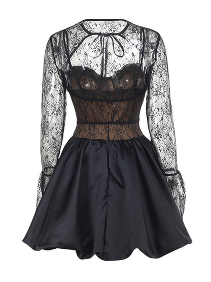 2PCS Black 1960s Lace Cover-Up & Puffy Dress