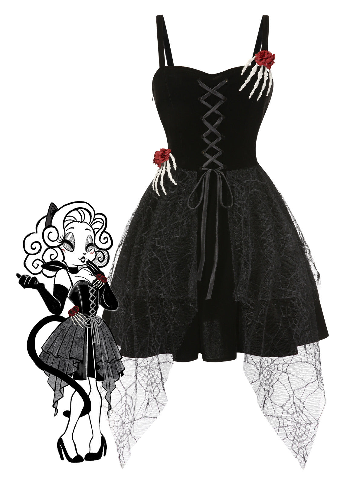 [Pre-Sale] Black 1950s Halloween Skeleton Hand Spiderweb Rose Dress