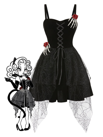 [Pre-Sale] Black 1950s Halloween Skeleton Hand Spiderweb Rose Dress