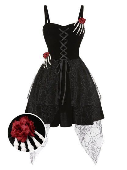 [Pre-Sale] Black 1950s Halloween Skeleton Hand Spiderweb Rose Dress