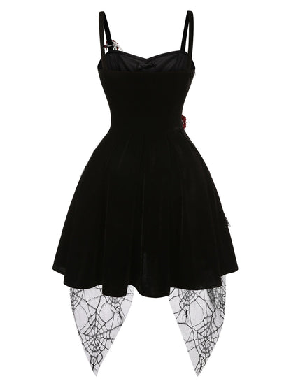 [Pre-Sale] Black 1950s Halloween Skeleton Hand Spiderweb Rose Dress