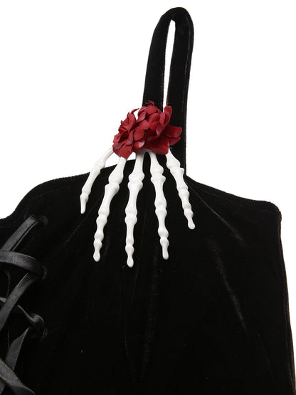 [Pre-Sale] Black 1950s Halloween Skeleton Hand Spiderweb Rose Dress