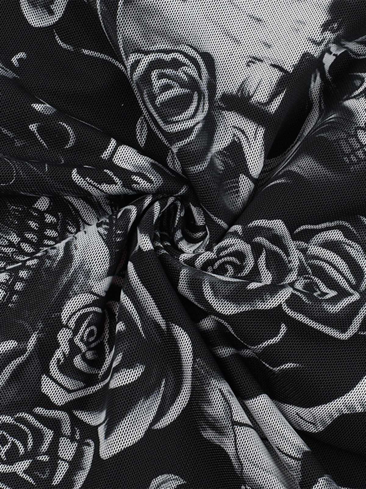 Black 1970s Slip Gothic Skeleton Print Mesh Dress