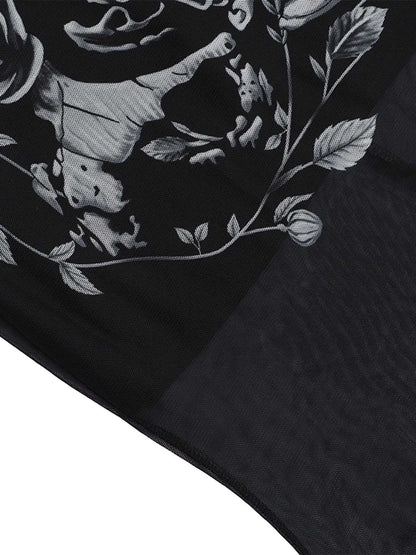 Black 1970s Slip Gothic Skeleton Print Mesh Dress