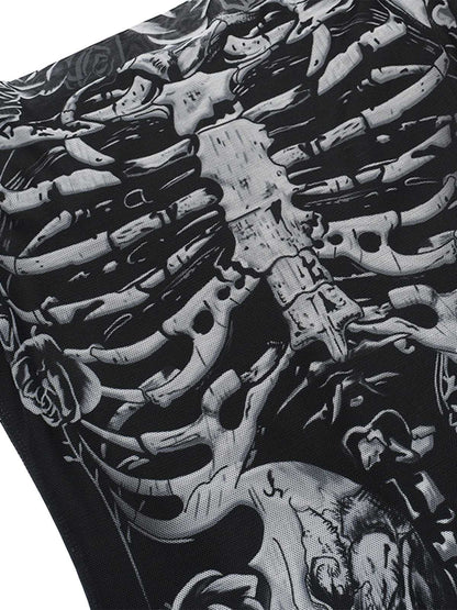 Black 1970s Slip Gothic Skeleton Print Mesh Dress