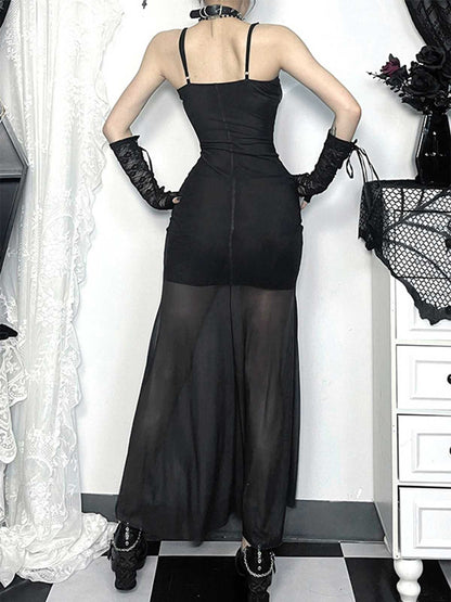 Black 1970s Slip Gothic Skeleton Print Mesh Dress
