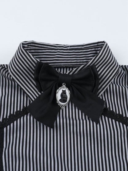 Gray 1930s Vertical Striped Puff Sleeve Ruffled Blouse