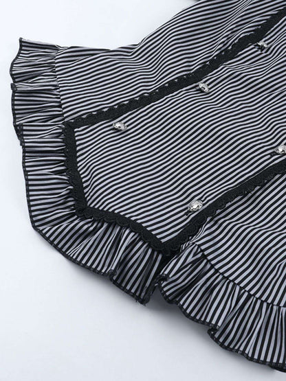 Gray 1930s Vertical Striped Puff Sleeve Ruffled Blouse