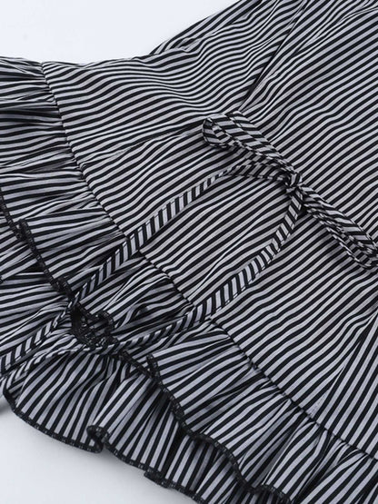 Gray 1930s Vertical Striped Puff Sleeve Ruffled Blouse