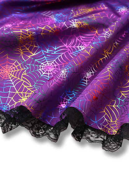 Purple 1970s Halloween Spider Web Witch Lace-Up Dress With Hat