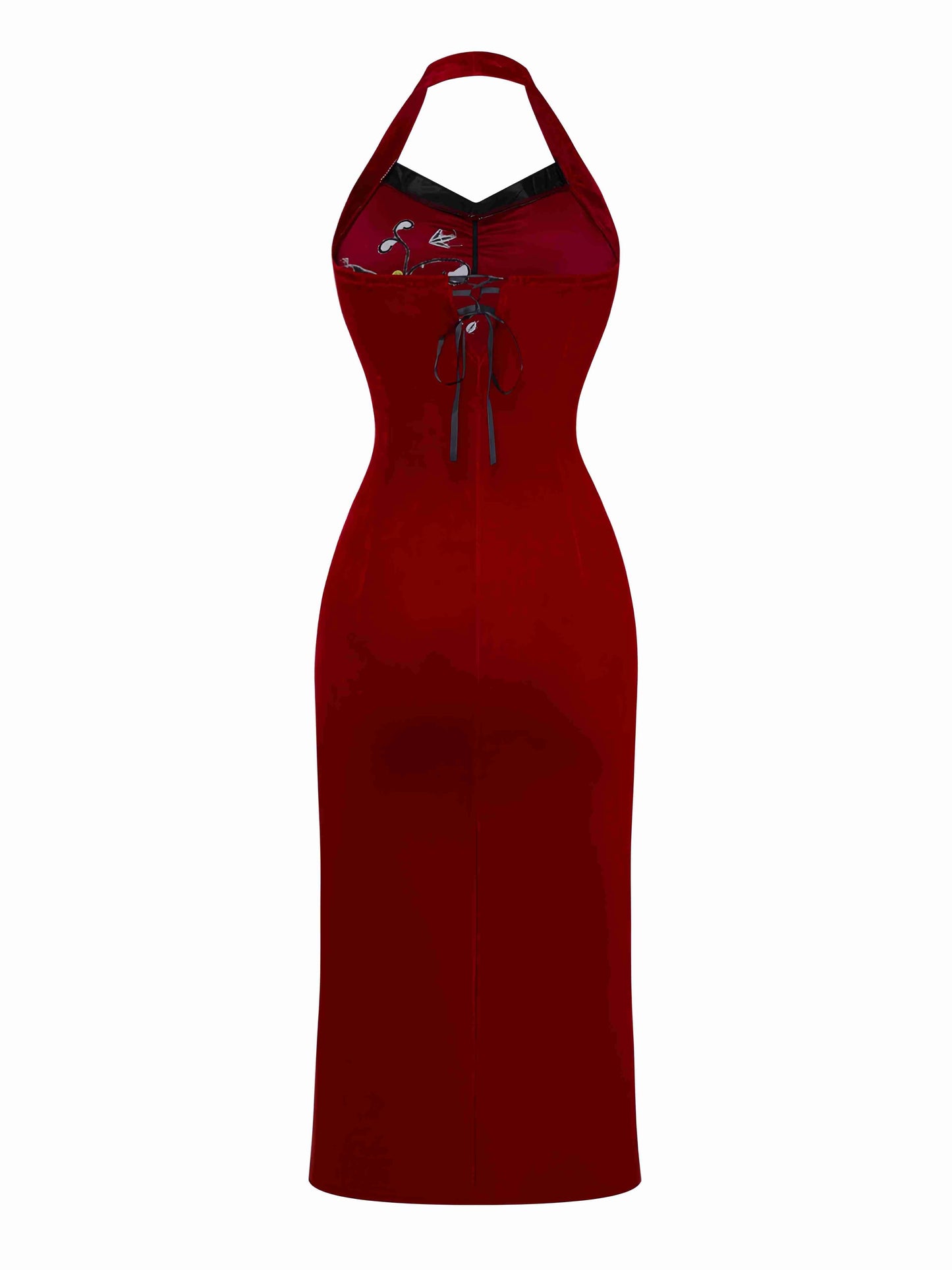 Red 1980s Ada-Wong Embroidered Butterfly Velvet Dress