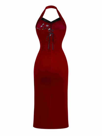 Red 1980s Ada-Wong Embroidered Butterfly Velvet Dress