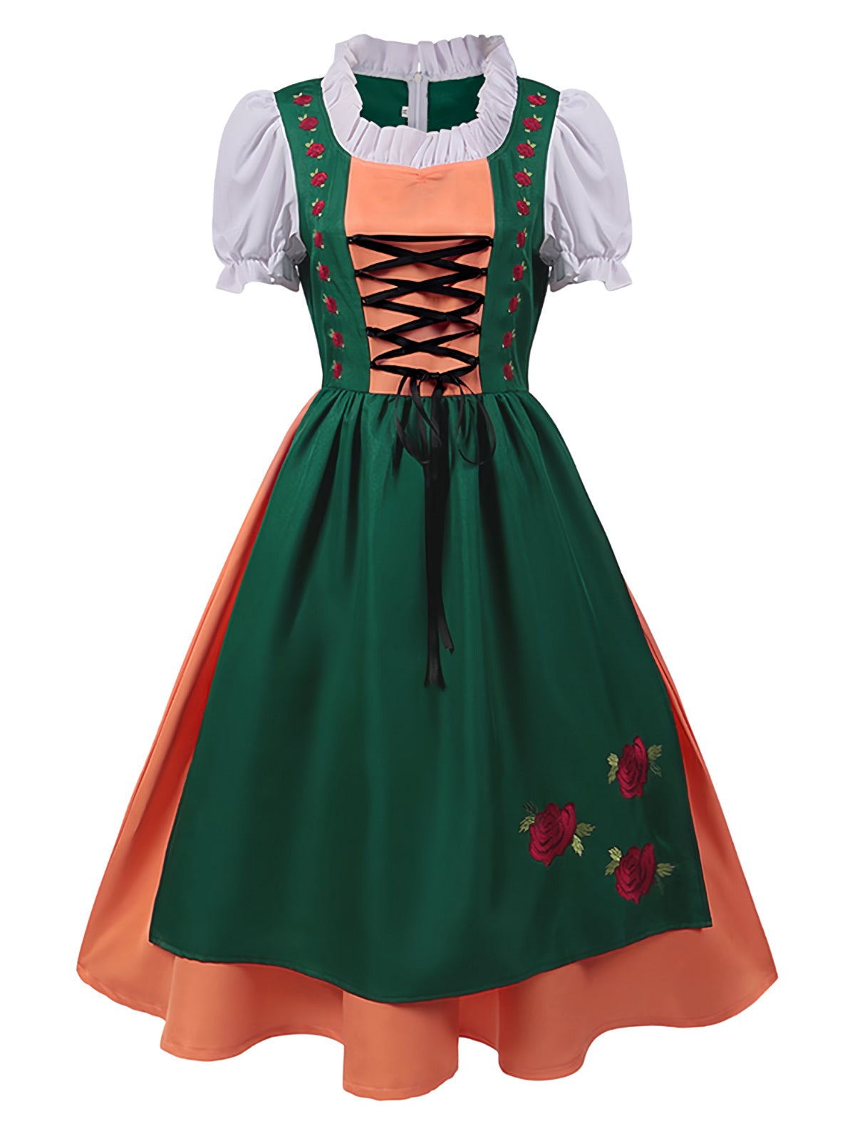 Green 1950s Floral Embroidered Ruffled Mock Two-Piece Dress