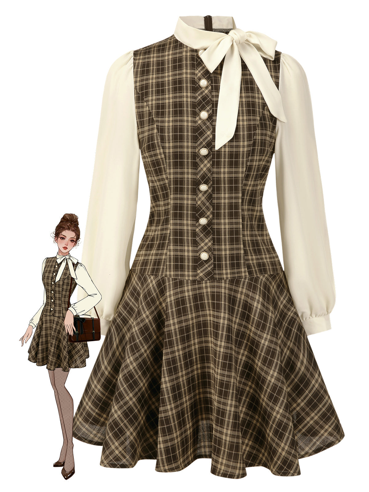 [Pre-Sale] Brown 1960s Plaid Bow Tie Button Swing Dress