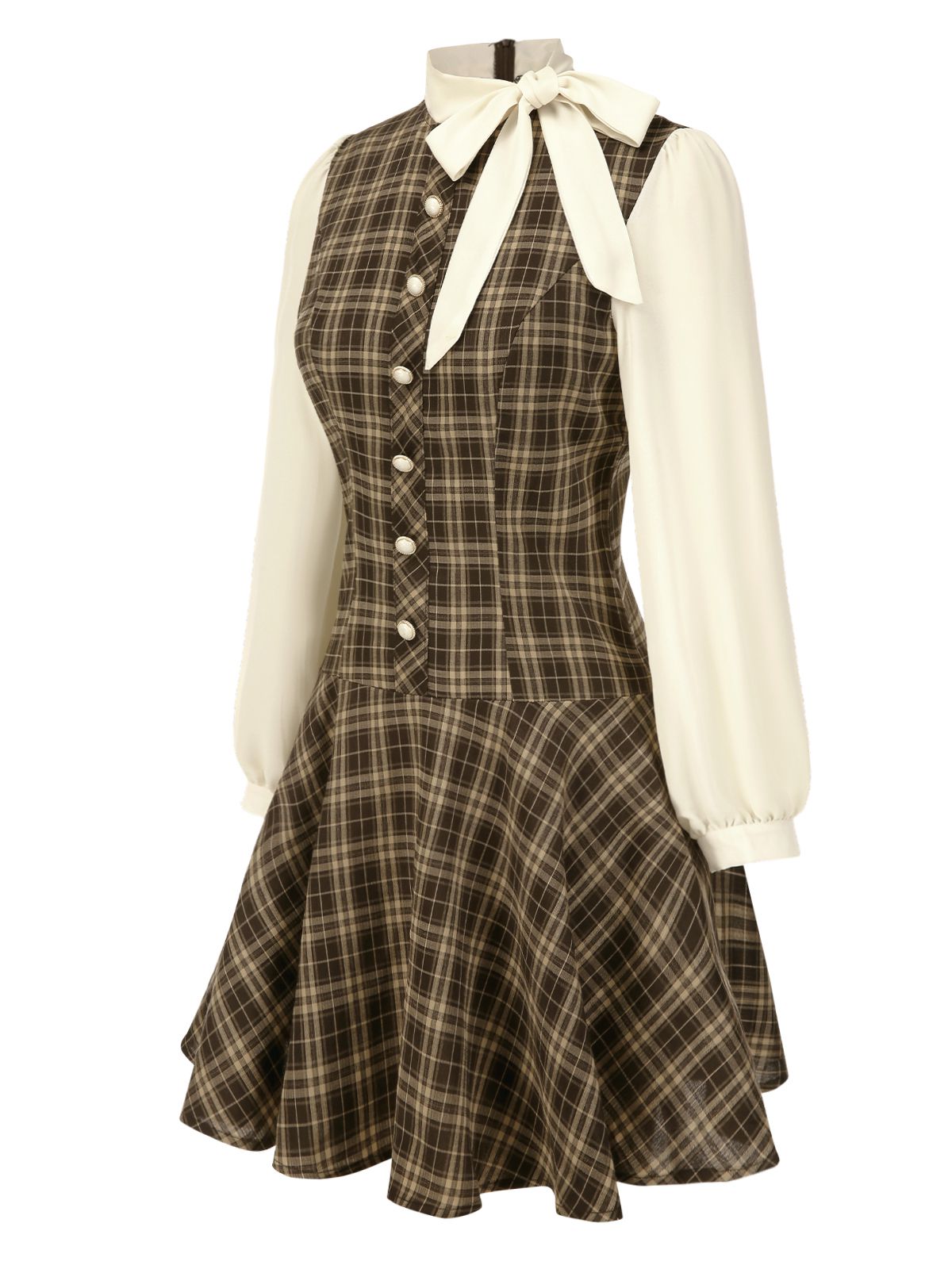 [Pre-Sale] Brown 1960s Plaid Bow Tie Button Swing Dress