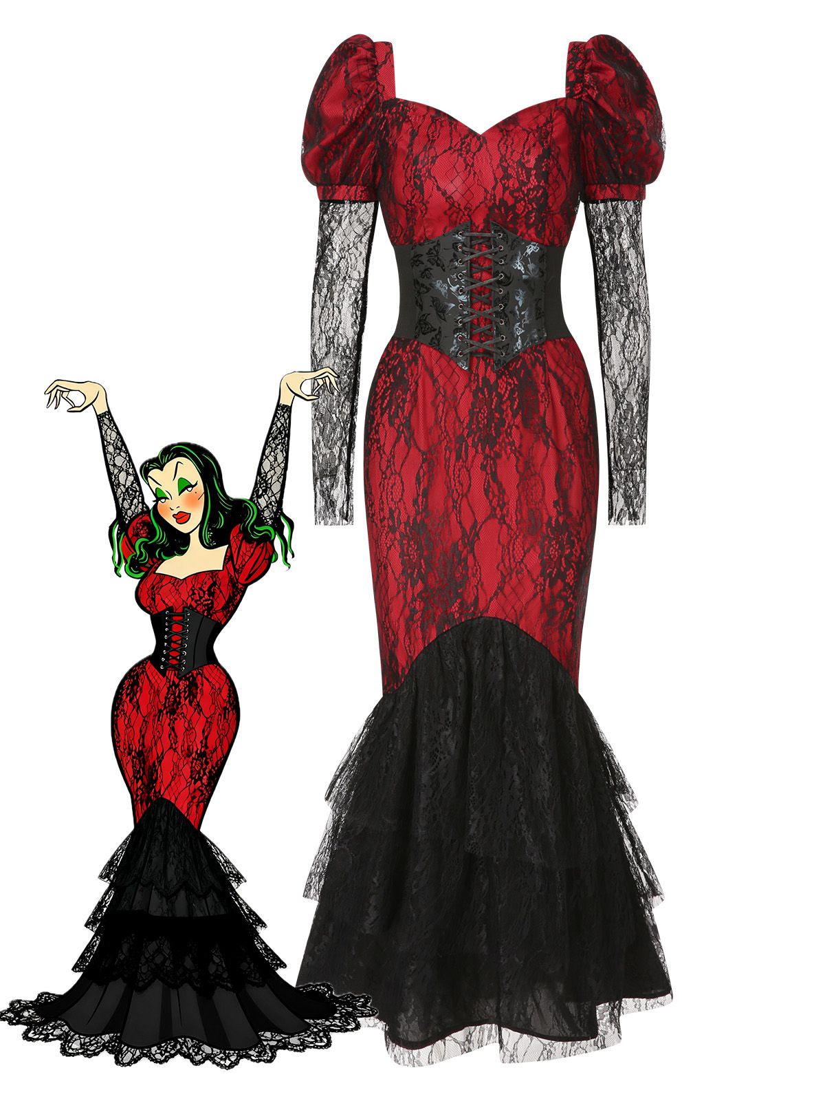 [Pre-Sale] 1930s Sweetheart Lace Puff Sleeve Sheer Fishtail Dress