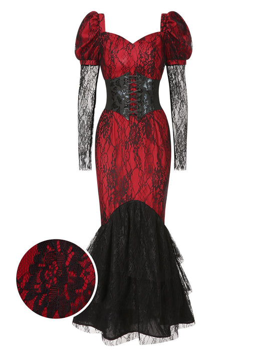 [Pre-Sale] 1930s Sweetheart Lace Puff Sleeve Sheer Fishtail Dress