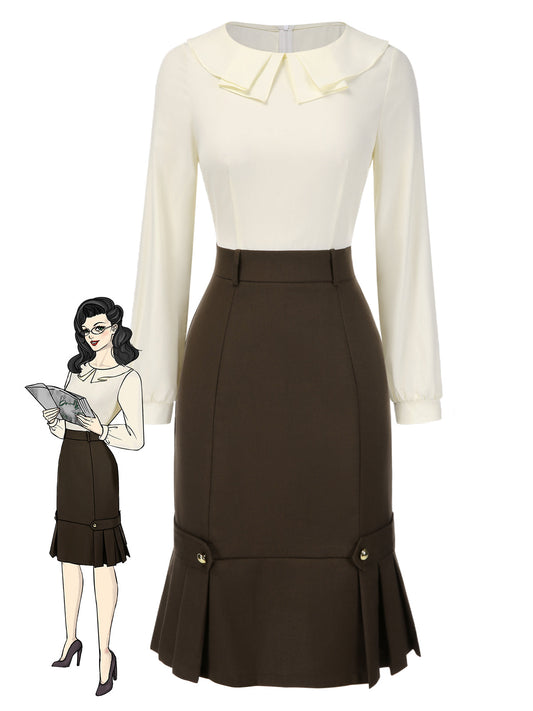 [Pre-Sale] Brown 1960s Contrast Collar Long Sleeve Pencil Dress