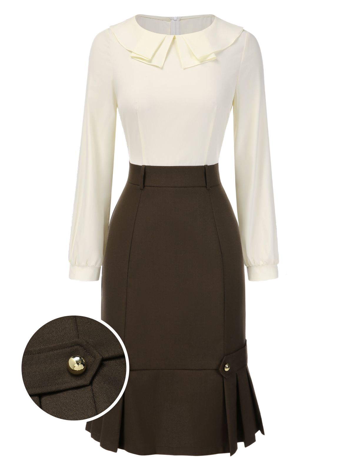 [Pre-Sale] Brown 1960s Contrast Collar Long Sleeve Pencil Dress