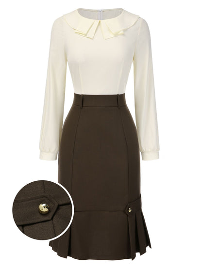 [Pre-Sale] Brown 1960s Contrast Collar Long Sleeve Pencil Dress