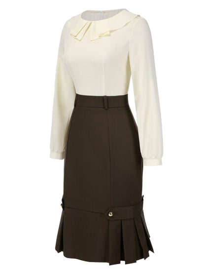 [Pre-Sale] Brown 1960s Contrast Collar Long Sleeve Pencil Dress