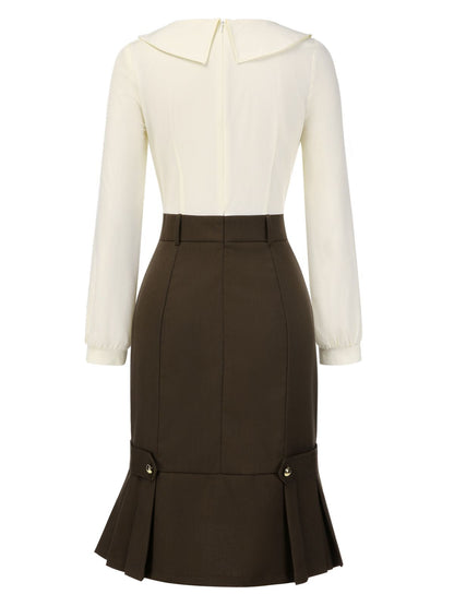 [Pre-Sale] Brown 1960s Contrast Collar Long Sleeve Pencil Dress