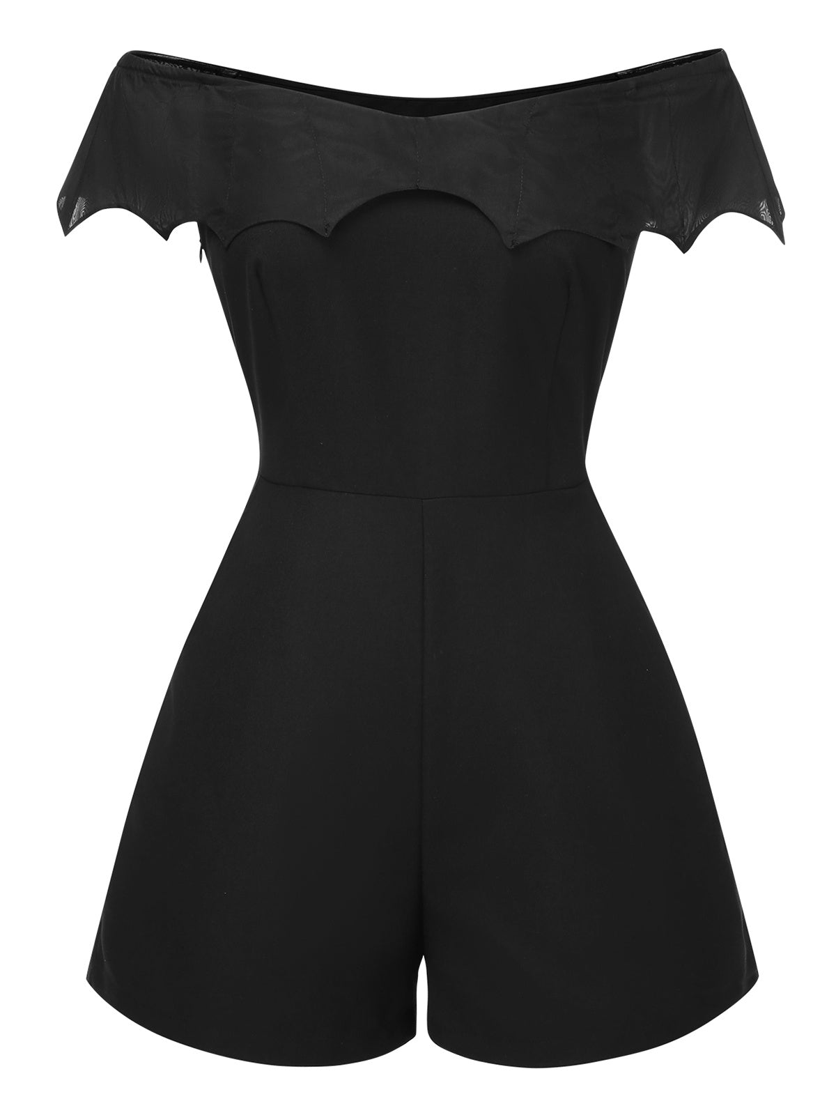 [Pre-Sale] Black 1950s Gothic Bat Off-Shoulder Mesh Romper