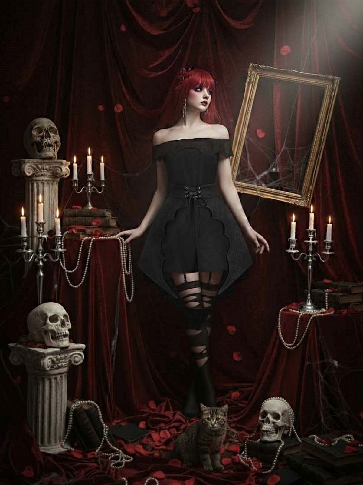 [Pre-Sale] Black 1950s Gothic Bat Off-Shoulder Mesh Romper