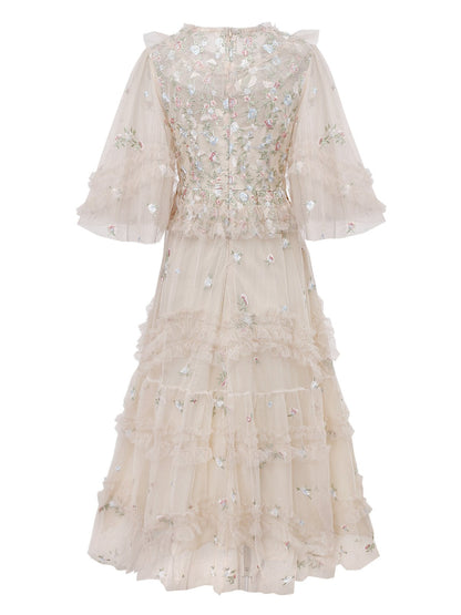 Beige 1930s Floral Embroidery Illusion Mesh Ruffled Dress