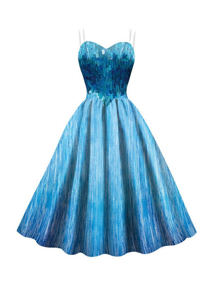 Blue 1950s Halloween Elsa Sequined Snowflake Spaghetti Strap Dress