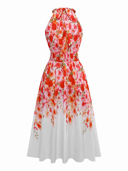 Red 1940s Floral Round Neck Halter Dress