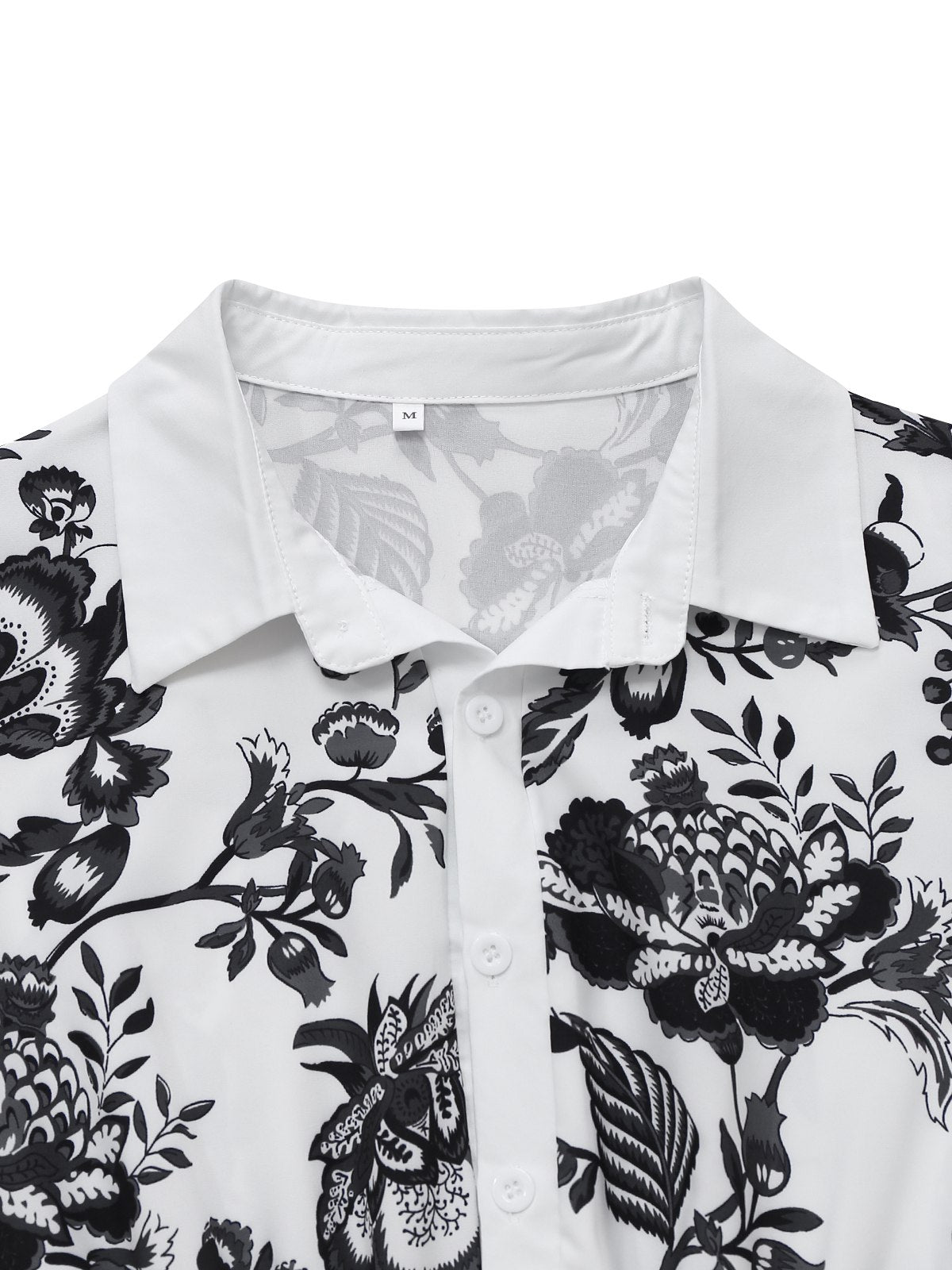 Black 1940s Plants Floral Shirt Collar Belted Dress